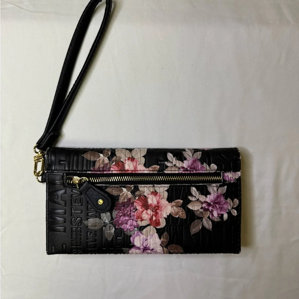 Steve Madden Floral‎ Embossed Logo Wristlet Wallet Clutch Black/Gold